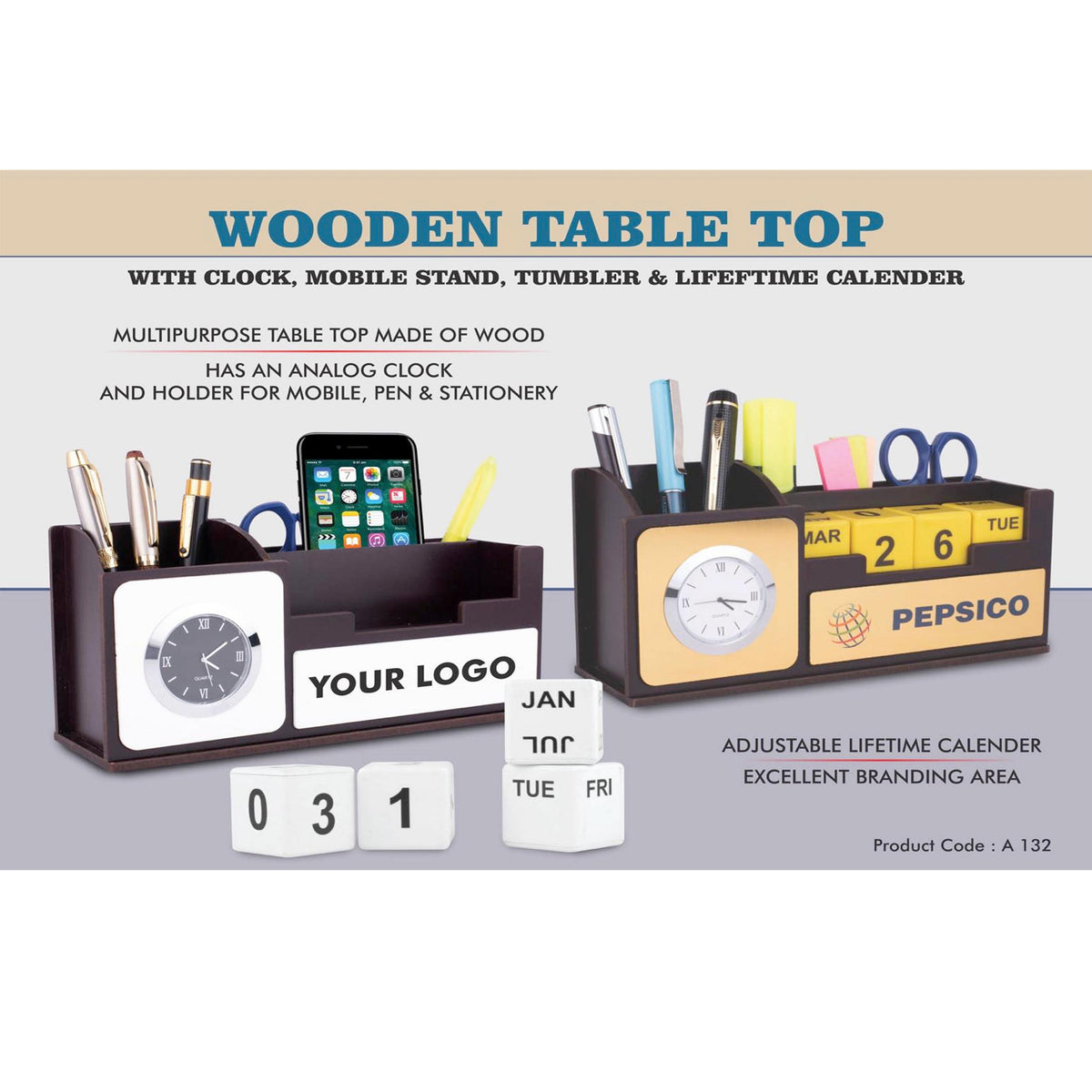 Wooden Table top with Clock, mobile stand - A 132 — Mudramart Corporate ...