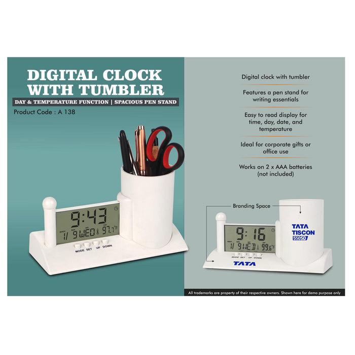 Digital Clock with Tumbler | Day & Temperature Function | Spacious Pen Stand A - 138