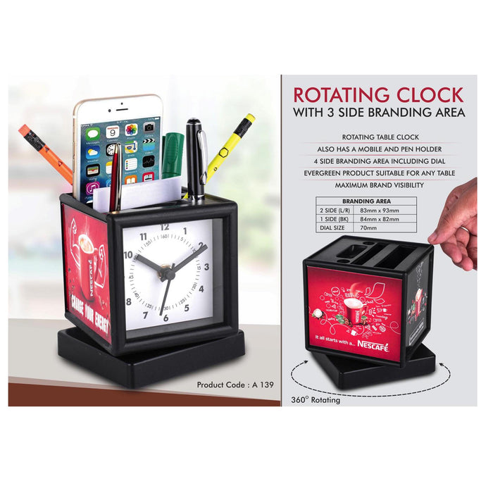 Rotating clock with 3 side branding area | Has pen stand & large stationery holder A - 139