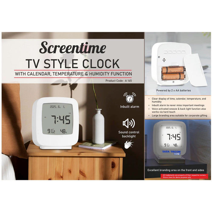 Power Plus- Screentime: TV style clock with Calendar, Temperature & Humidity Function A 145