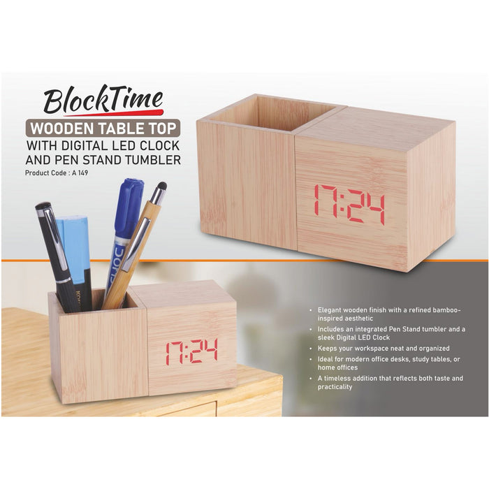 Power Plus- Block Time: Wooden Table Top With Digital LED Clock and pen Stand tumbler A 149