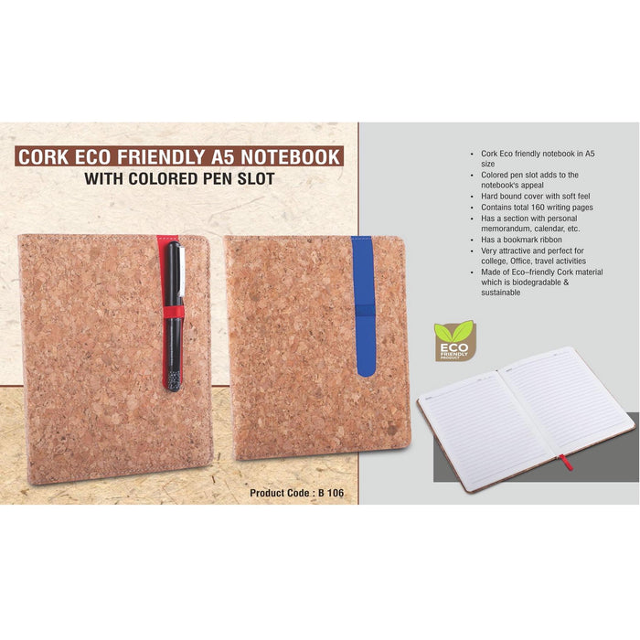 Cork Eco friendly A5 notebook with Colored pen slot | Hard bound cover- B 106