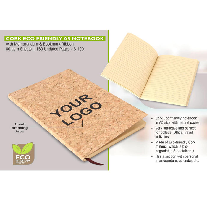 Cork Eco friendly A5 notebook with memorandum & Bookmark ribbon - B 109
