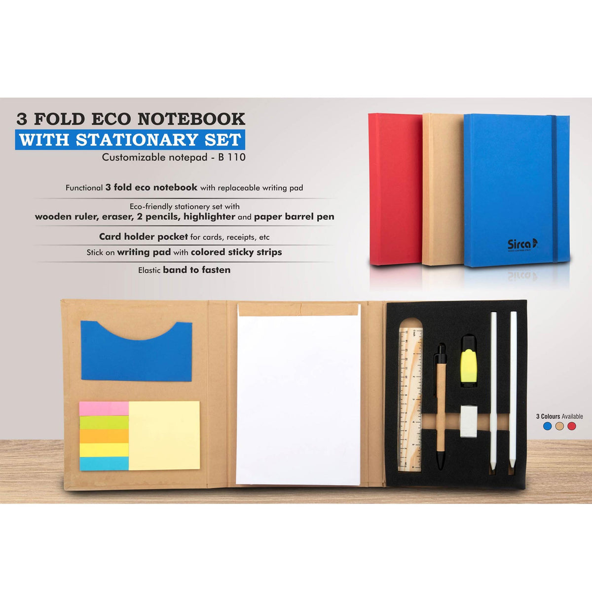 3 fold Eco Notebook with stationary set | Customizable notepad - B 110 ...