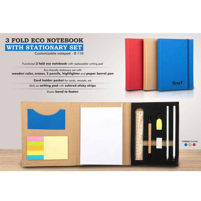 3 fold Eco Notebook with stationary set | Customizable notepad - B 110