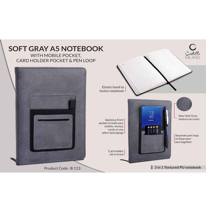 Soft Gray A5 notebook with mobile pocket, card holder pocket & pen loop by Castillo Milano - B 113