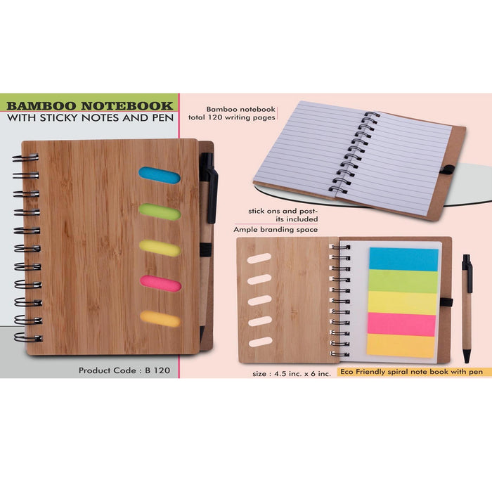 Bamboo notebook with sticky notes and pen  - B 120
