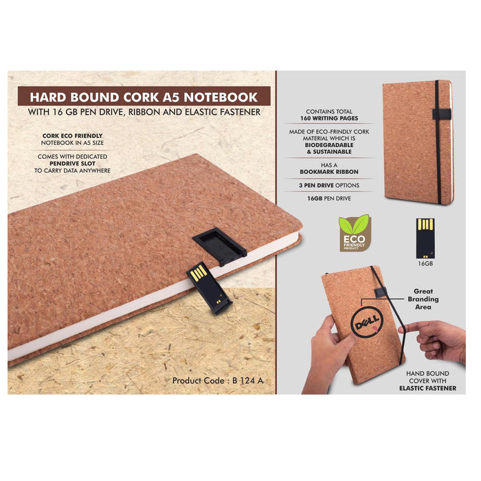 Hard bound Cork A5 notebook with Pen Drive, Ribbon and  elastic fastener- 16 GB USB drive - B 124 A