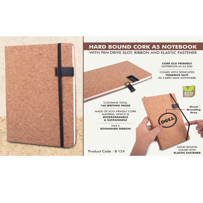 Hard bound Cork A5 notebook with Pen Drive Slot, Ribbon and elastic fastener -  B 124