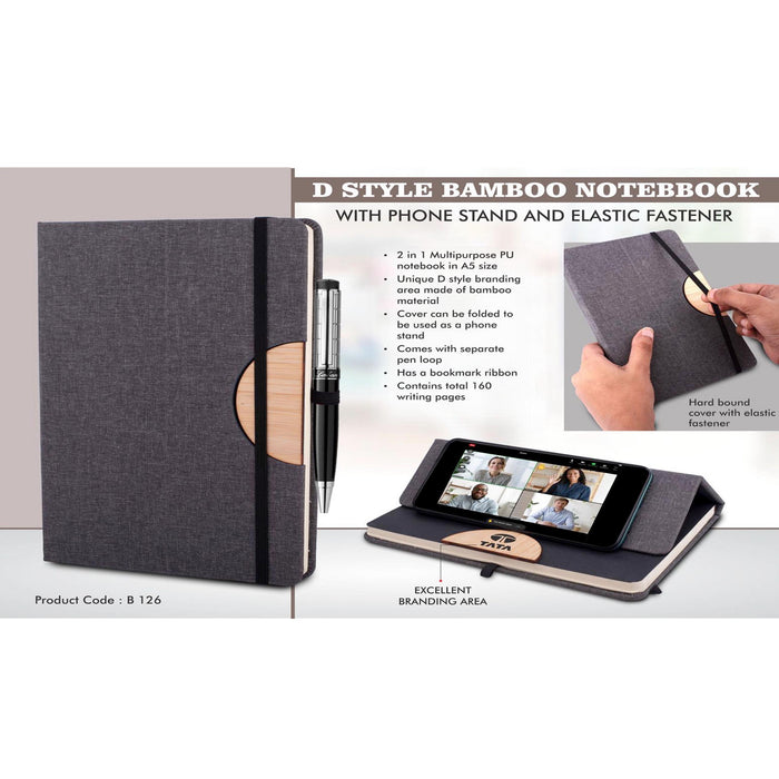 D style Bamboo notebook with Phone stand and Elastic fastener  -  B 126