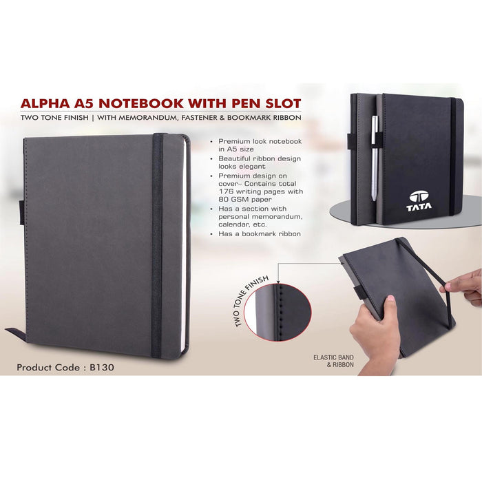 Alpha A5 notebook with Pen Slot | Two tone finish | With memorandum, Fastener & Bookmark ribbon  -  B 130