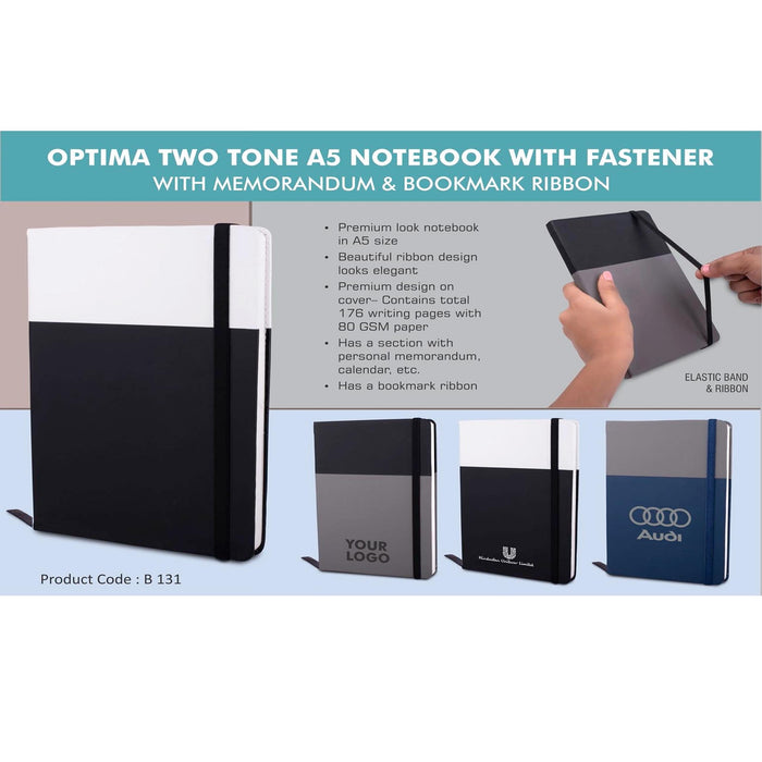 Optima Two tone A5 notebook with Fastener | With memorandum & Bookmark ribbon -  B 131