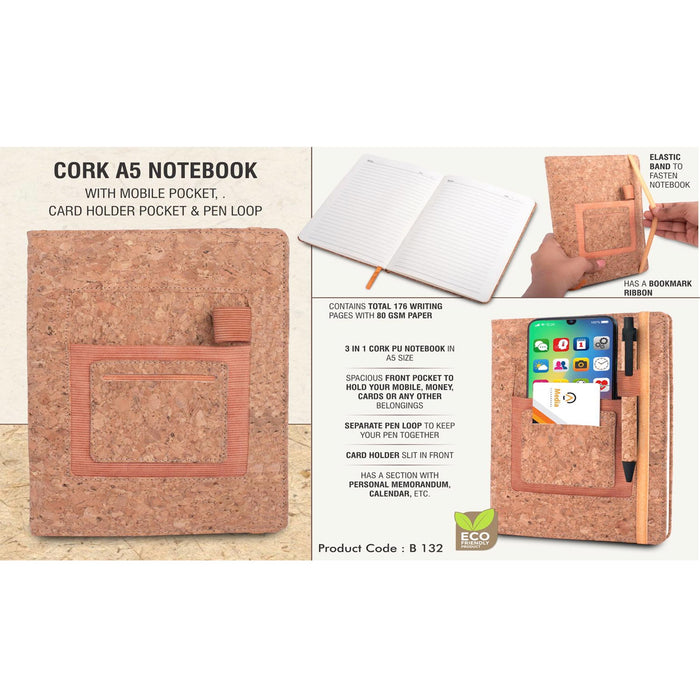 Cork A5 notebook with mobile pocket, card holder pocket & pen loop -  B 132