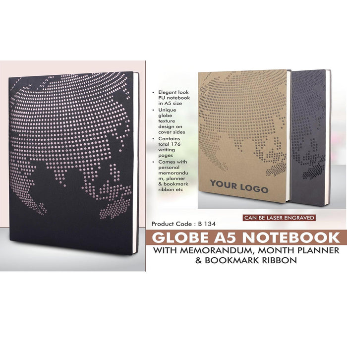Globe A5 notebook with memorandum, month planner & bookmark ribbon | 176 writing pages-  B 134