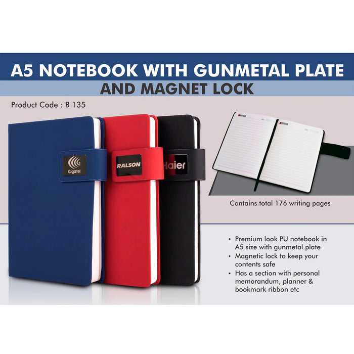 A5 Notebook with Gunmetal plate and Magnet lock | Hard bound cover -  B 135