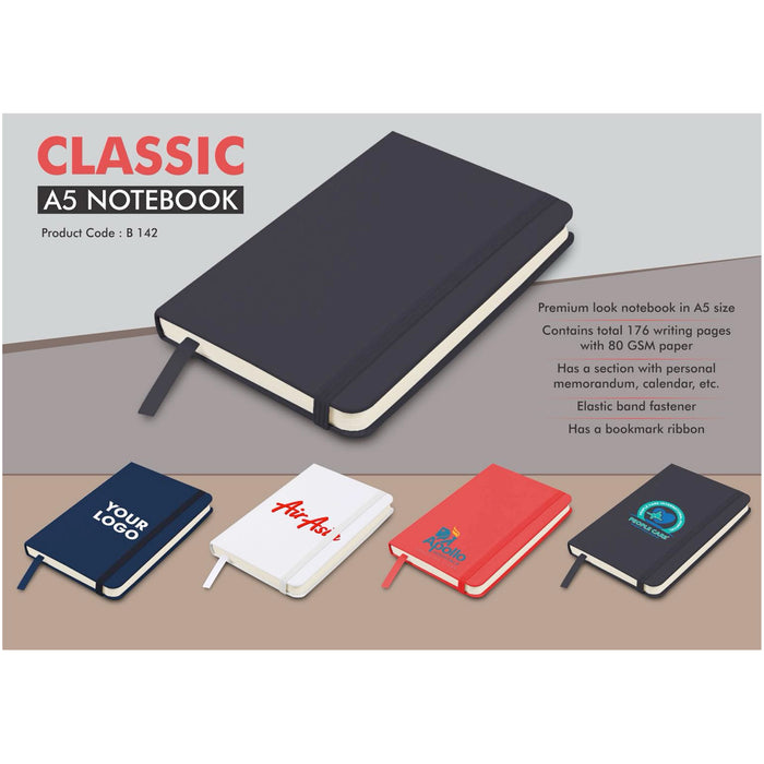 Power Plus- Classic A5 Notebook with Fastener Hard Bound Cover Pages With Memorandum, month planner & bookmark ribbon-Imported B 142a
