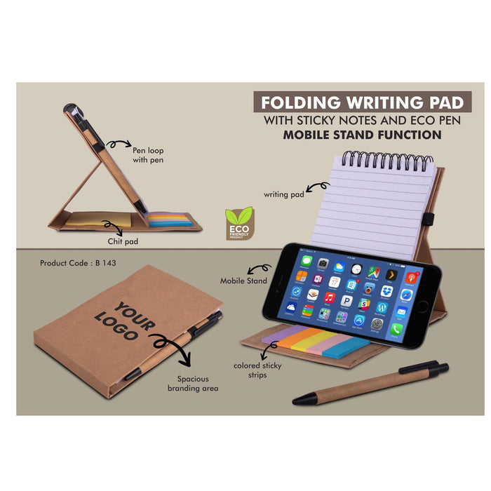 Folding writing pad with Sticky notes and Eco pen | Mobile stand  function - B 143
