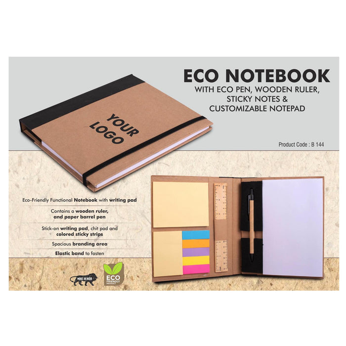 Eco Notebook with Eco Pen, Wooden Ruler and Sticky notes |  Customizable notepad - B 144