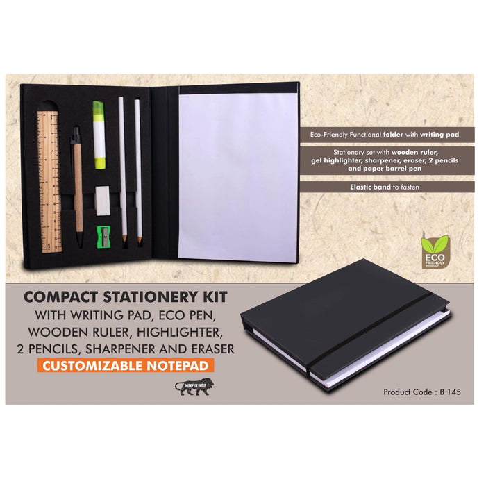 Compact Stationery kit with Writing pad, Eco Pen, Wooden  Ruler, Highlighter, 2 Pencils, Sharpener and Eraser |  Customizable notepad - B 145