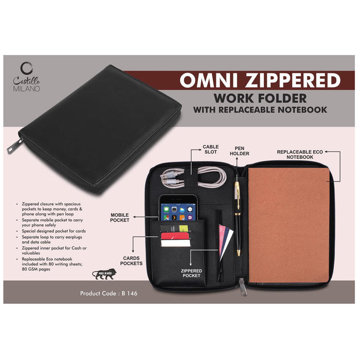 Omni Zippered Work folder with Notebook | Pockets for cards,  phone, pen, cables - B 146