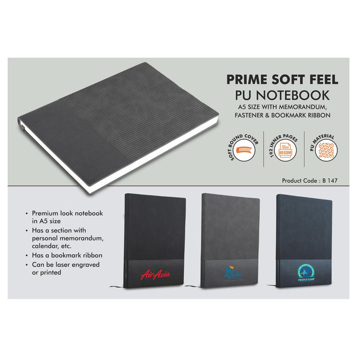 Prime Soft feel PU notebook | A5 size | With memorandum &  Bookmark ribbon - B 147