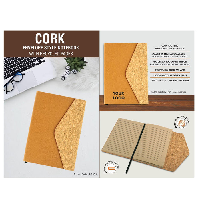 Cork Magnetic Envelope style Notebook with recycled pages - B 150 A