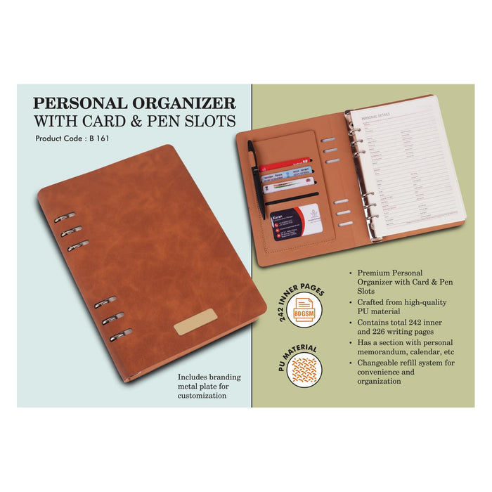 Personal organizer with Card & Pen slots | Metal plate included |  Changeable refill Br - B 161