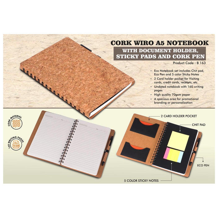 Cork Wiro notebook with Document Holder, Sticky pads and  Cork Pen | A5 size - B 163
