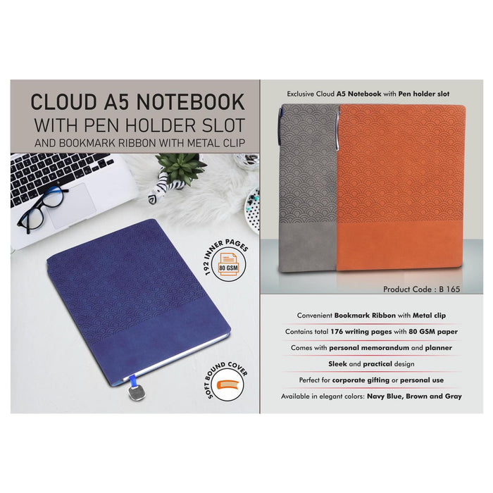 Cloud A5 Notebook with Pen holder slot and Bookmark Ribbon  with Metal clip - B 165