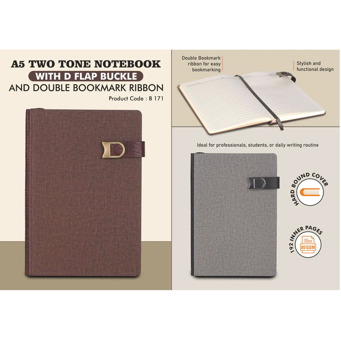 Power Plus- A5 Two Tone Notebook With D Flap buckle and double bookmark Ribbon B 171
