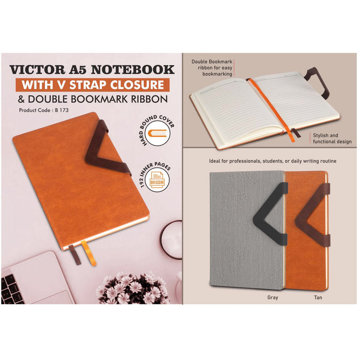 Power Plus- Victor A5 Notebook With V Strap Closure and double Bookmark Ribbon B 173