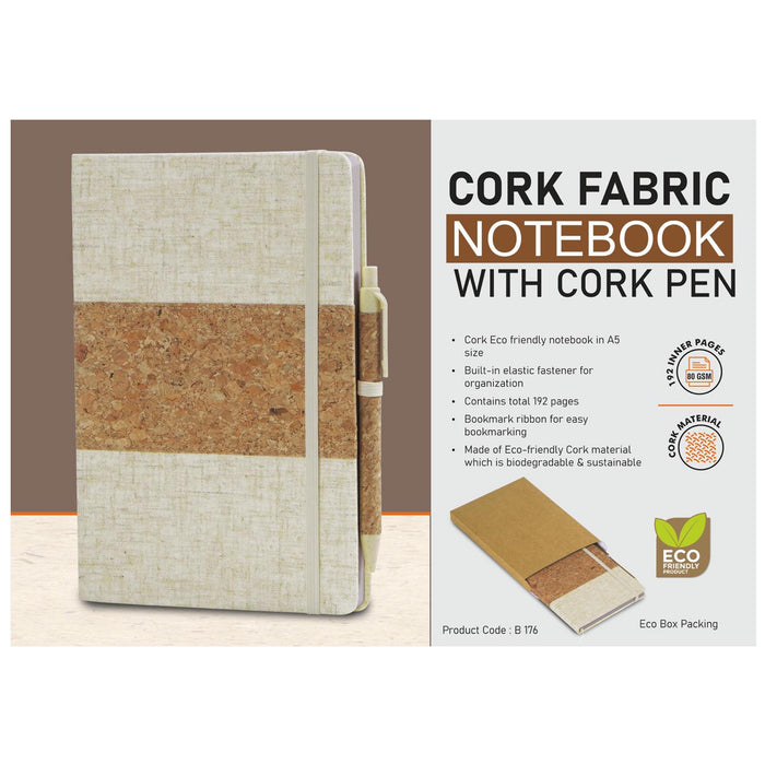 Cork fabric notebook with Cork Pen | 200 writing sheets | 80 gsm pages - B 176