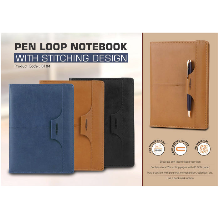 Power Plus- Pen Loop Notebook With Stitching Design With Book Mark Ribbon B 184