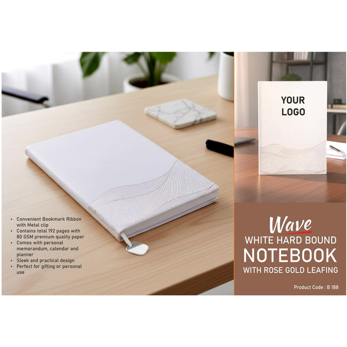 Power Plus- Wave White Hard Bound Notebook With Rose Gold Leafing A5 Size B 188