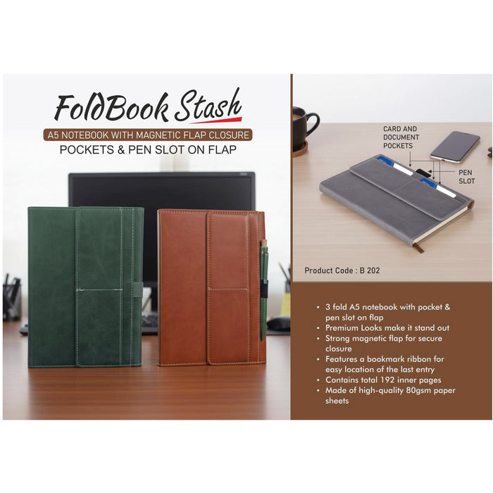 Power Plus- Fold Book Stash: A5 Notebook With Magnetic Flap Closure Pockets & Pen Slot On Flap B 202