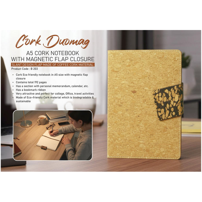 Power Plus- Cork Duomag: A5 Cork Notebook With Magnetic Flap Closure Slant Design Flap made Of Coffee Cork material B 203