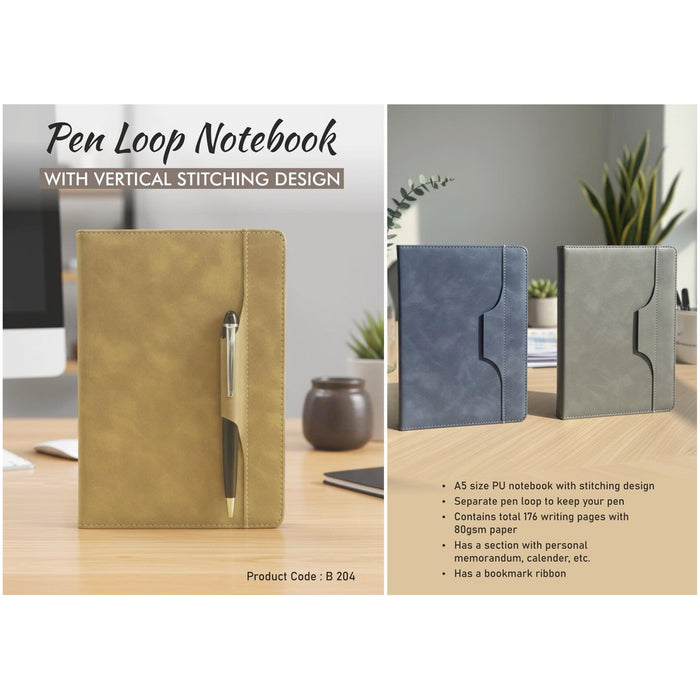 Power Plus- Pen Loop Notebook With Vertical Stitching Design And Bookmark Ribbon B 204