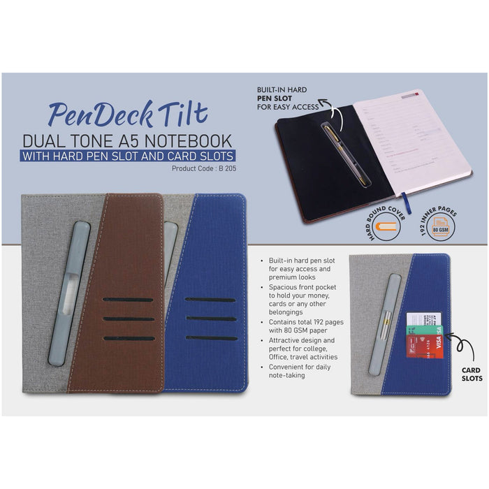 Power Plus- Pen Deck Tilt Dual Tone A5 Notebook With Hard Pen Slot And Card Slots B 205