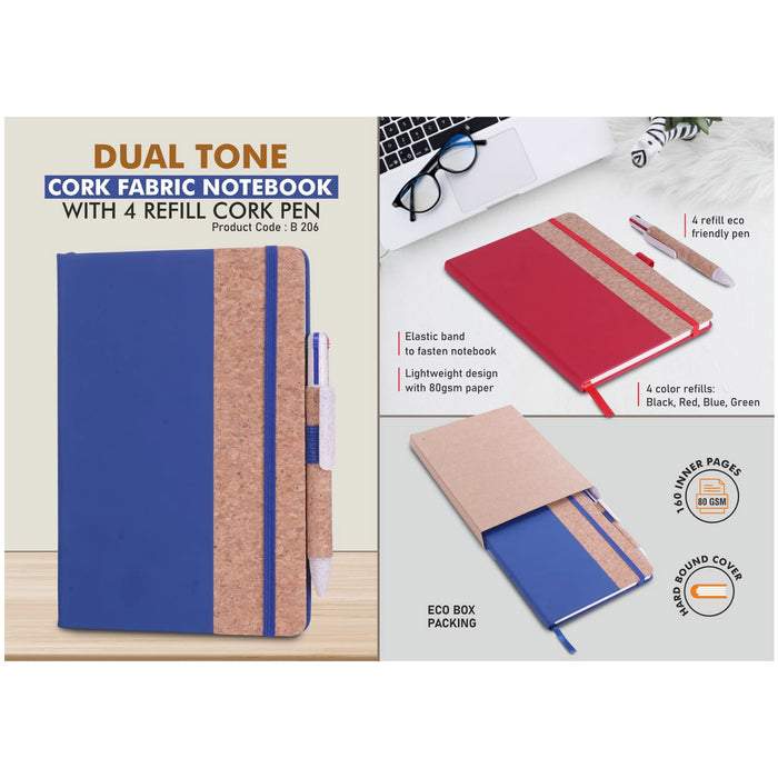 Power Plus- Dual Tone Cork Fabric Notebook With Elastic Fastener & 4 Refill Cork Pen B 206