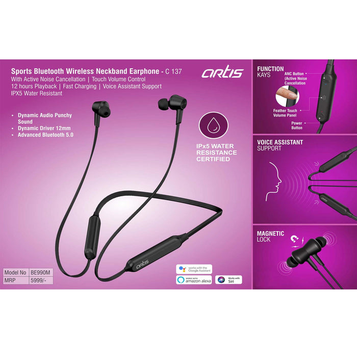 Ortis Sports Bluetooth Wireless Neckband Earphone With Active Noise Cancellation | Touch volume control | 12 hours playback - C 137