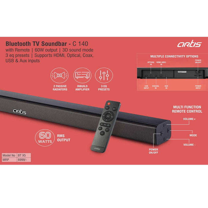 Artis Bluetooth TV Soundbar with Remote | 60W output | 3D sound mode | 3 eq presets | Supports HDMI, Optical, Coax, USB & Aux inputs- C 140