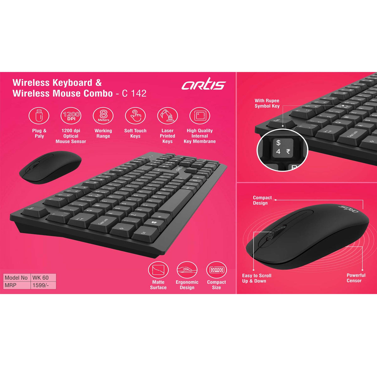 Artis Wireless Keyboard & Wireless mouse combo (WK60) C 142