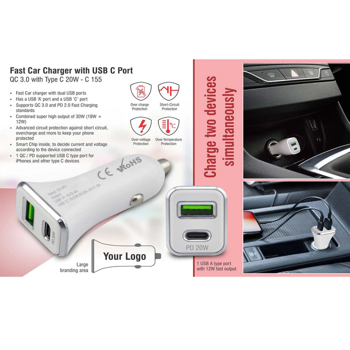 Fast car charger with USB C port | QC 3.0 withType C 20W -  C 155