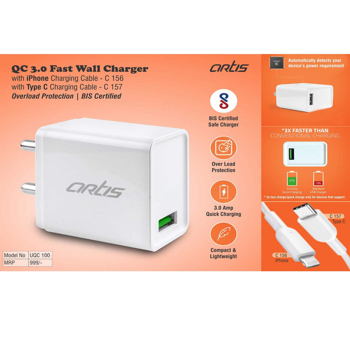 Artis QC 3.0 Fast wall charger with Type C charging cable | Overload protection | BIS Certified -  C 157