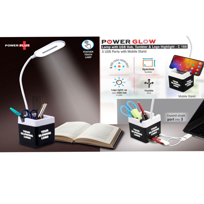PowerGlow Table Lamp with USB hub, tumbler and logo highlight | 3 USB ports | With mobile stand -  C 160