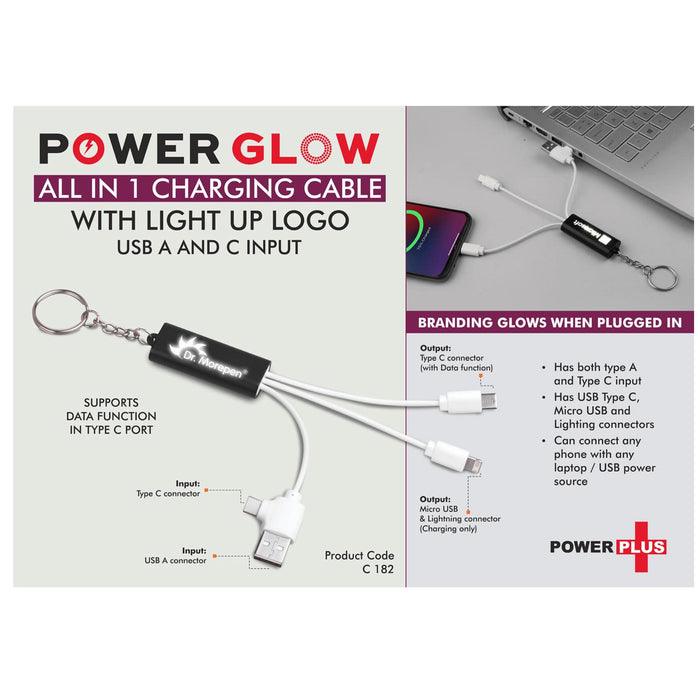 PowerGlow All in 1 Charging cable with light up logo | Supports  Data Function in Type C port | USB A and C input -  C 182