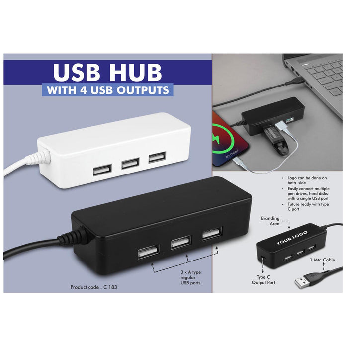 USB hub with 4 USB outputs | Type C output port | 1 mtr cable -  C - 183