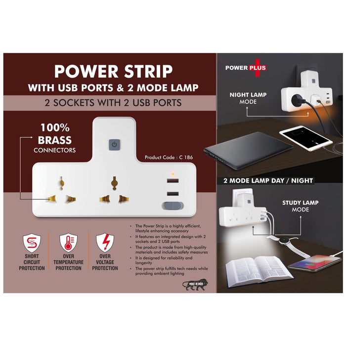 Power Strip with USB ports & Night Lamp | 2 sockets with 2 USB  ports | 2 mode lamp -  C 186