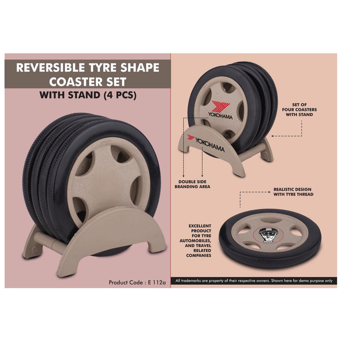 Reversible Tyre shape coaster set with stand (4 pcs) - E  112A