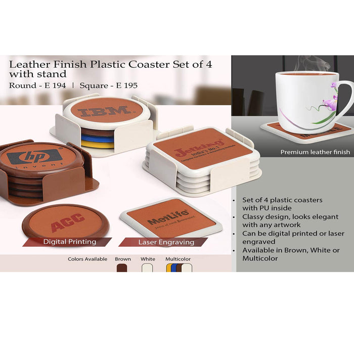 Leather finish Plastic coaster set of 4 with stand (round) -  E 194